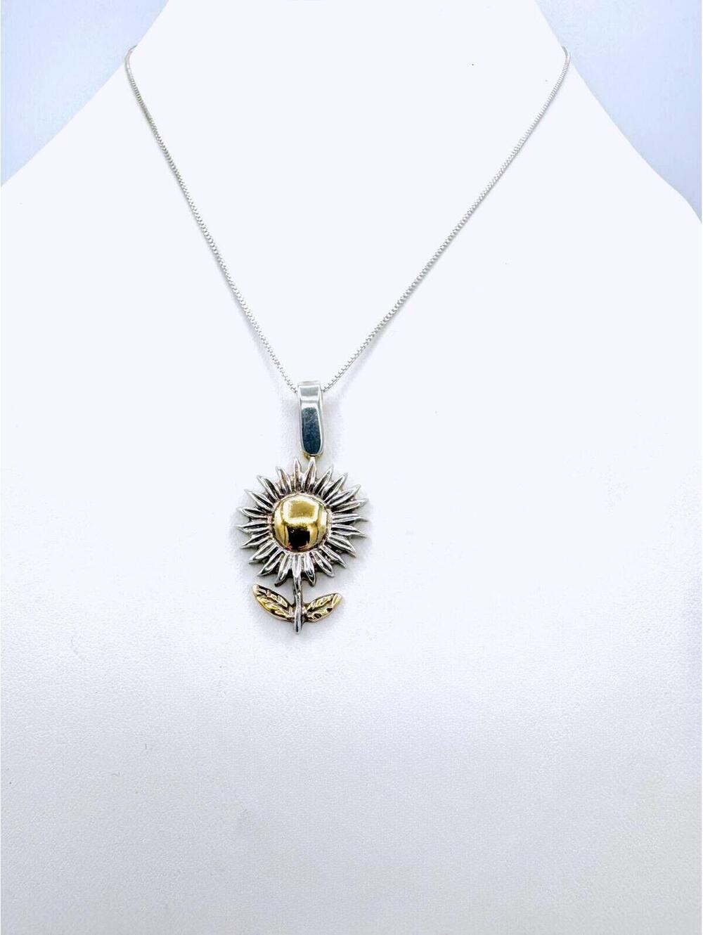 Sterling silver box chain with two tone Taztel sunflower plant pendant necklace